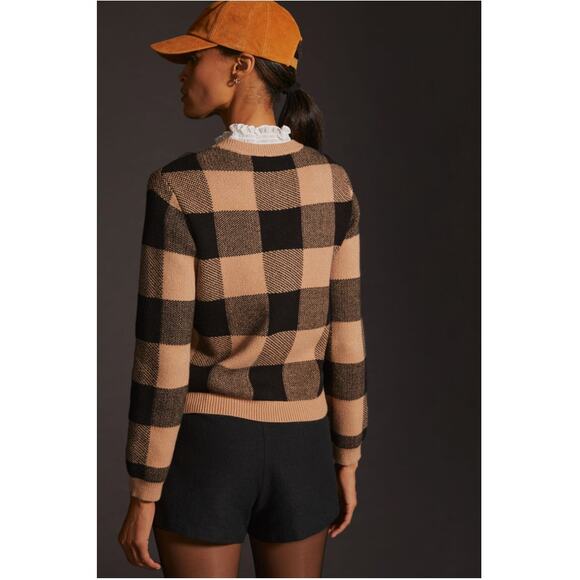 ANTHROPOLOGIE Tan Black Plaid Ruffle Collar Sweater // S - Picture 2 of 10
